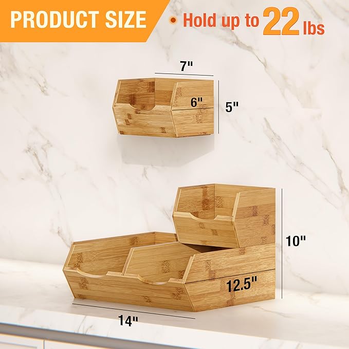 HOMESTEAD Bamboo Pantry Storage Bins ??Potato & Onion Storage Bin for Pantry Organizers, Produce Organizer Set of 3 ??Slide out Bin Access