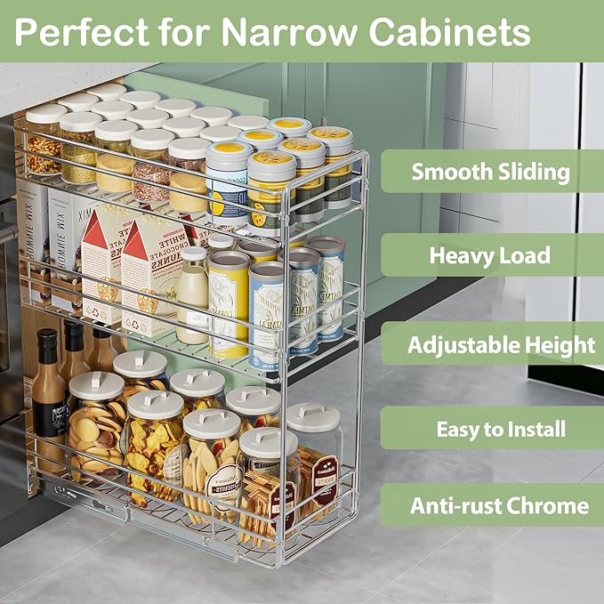 Pull Out Spice Rack Cabinet Organizer 5쩍" W x 20쩍" D, 3 Tier Heavy Duty Sliding Spice Cabinet Organization for Narrow Cabinet, Pull Out Shelves for Kitchen