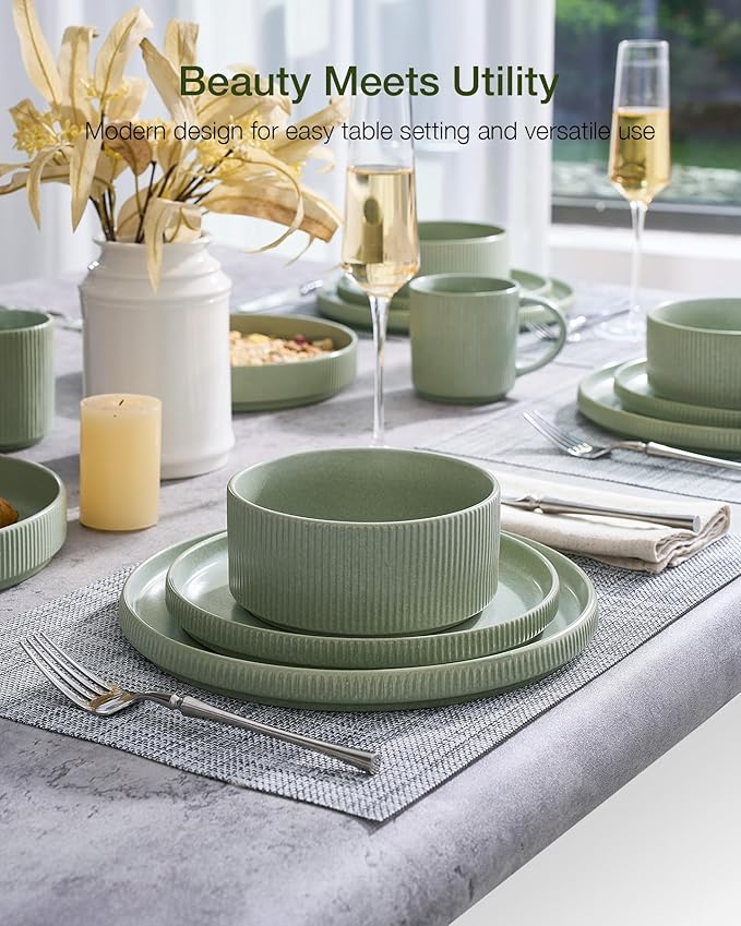 Famiware Star Dinnerware Set, Plates and Bowls Sets for 6 (18pcs), Ribbed Stoneware Dishes - Chip & Scratch Resistant, Microwave & Dishwasher Safe Kitchenware, Matte Sage Green