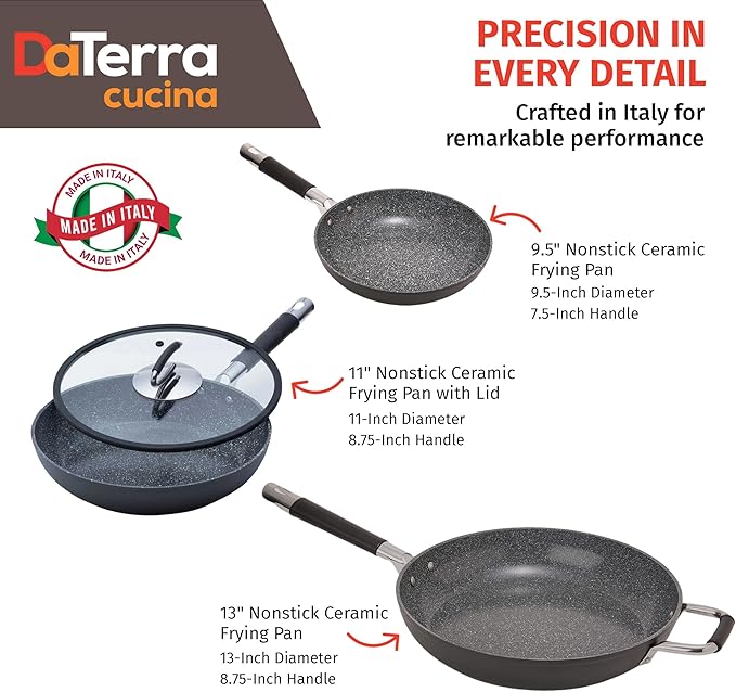 DaTerra Cucina Nonstick 3-Skillet Bundle ??9.5" and 13" Fry Pans, 11" Fry Pan with Glass Lid, Oven Safe, Nonstick Cookware, PTFE & PFOA Free, Durable Ceramic Coating - Made in Italy, Volcanic Black