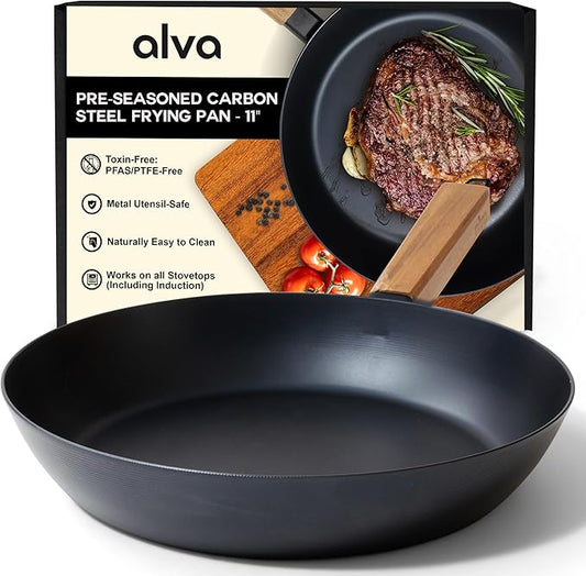 Alva Forest 11" Carbon Steel Frying Pan ??Naturally Nonstick, Pre-Seasoned, with Acacia Wood Handle, Made Without PTFE, PFOA, PFAS ??Sustainable Belgian Design, Induction & All-Stovetop Safe