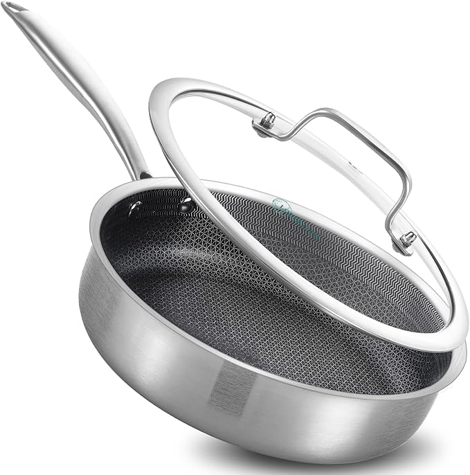 LOLYKITCH 3 Quarts Hybrid Stainless Steel Nonstick Saut챕 Pan,Skillet,10 Inch Induction Deep Frying Pan,Dishwasher and Oven Safe,Riveted Handle.