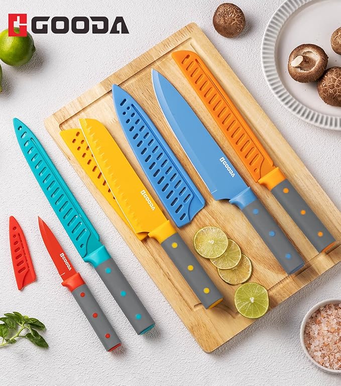 GOODA Knife Set,10 Pieces Nonstick Coating Kitchen Knife Set,Dishwasher Safe Stainless Steel Chef Cooking Knife Sets with 5 Blade Guards,Multicolor