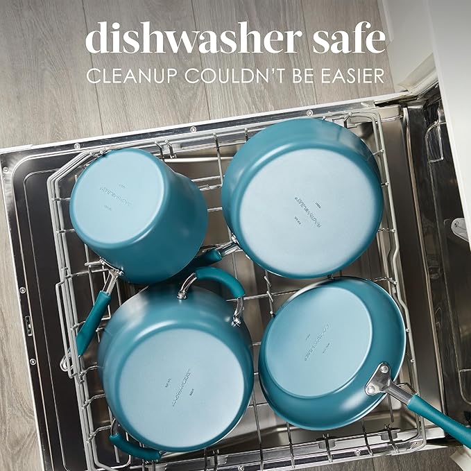 Rachael Ray Cucina Ceramic Cookware Set - 13 Pieces - Ceramic Pots and Pans Set w/Nonstick Frying Pans, Saute Pan, Saucepans, Stockpot, Lids, Pan Protectors & Cooking Utensils - Marine Blue