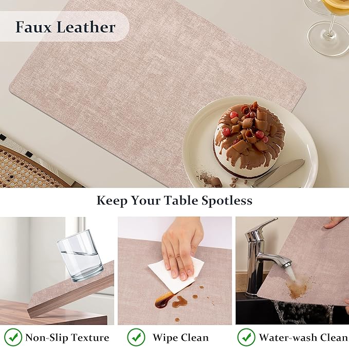 FROMHEART Faux Leather Placemats Set of 6?밯aterproof,Heat/Oil Stain-Resistant PU Table Mat?밨eversible,Non-Slip,Easy to Clean Place Mats for Kitchen,Dining,Indoor/Outdoor,(Pink,11.8" x 17")