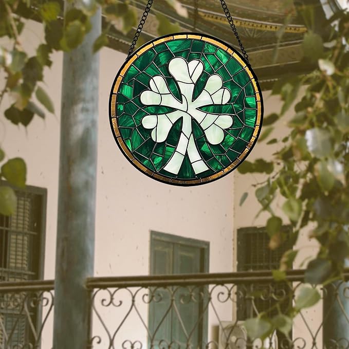 Stained Glass Window Hanging Green Clover Large 15" - Suncatcher Door Garden Sun Catcher Home Ireland Decor Birthday Mother's Day St Patrick's Day Gifts for Mom Men Woman Wife Friend