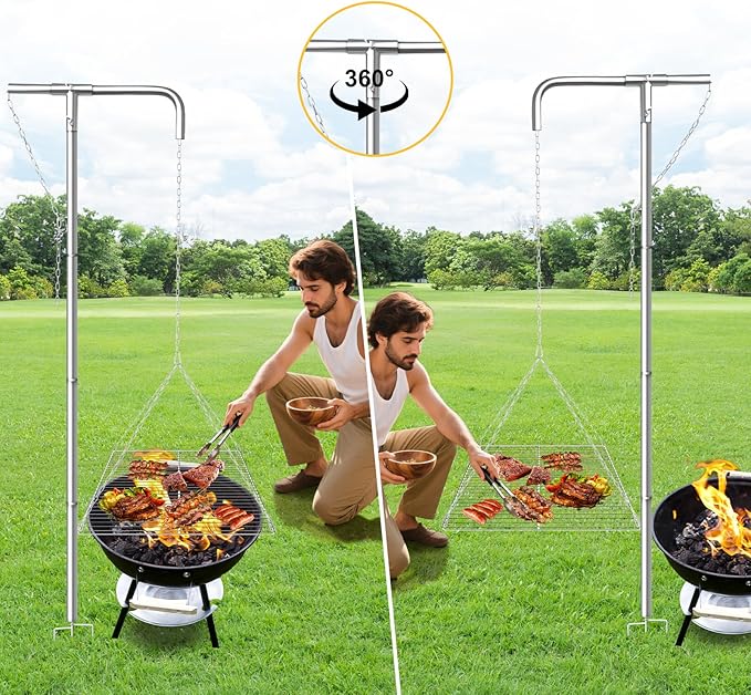 Stainless Steel Campfire Grill - Adjustable Height,360째 Rotatable & Foldable Camp Fire Cooking Equipment,Heavy Duty Portable Outdoor Open Flame Grilling Rack for Camping