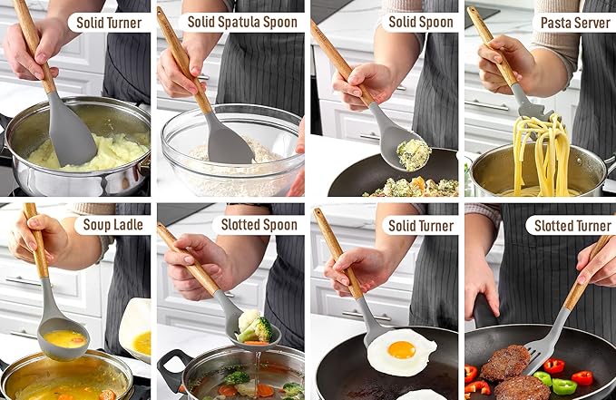 Zulay Kitchen Utensils Set Non-Stick Silicone Cooking Utensils Set with Authentic Acacia Wood Handles - 8 Piece Set - Silicone Kitchen Utensils Set with 464째F Heat Resistance - Gray