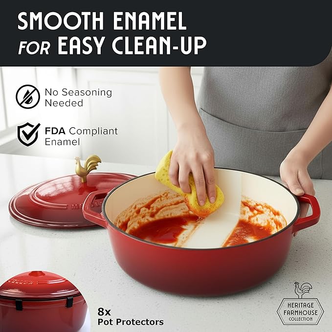 MUELLER HOME 5.5 Quart Enameled Cast Iron Oval Dutch Oven w Rooster Knob & Cotton Potholders, Heavy-Duty Cookware, Oven-Safe up to 500째 F & Across All Cooktops, Gifts for Grandma & Women, Red
