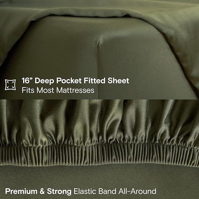 DOZ Sheet Set, 100% Viscose derived from Bamboo, Organically Grown, Buttery Soft, Cooling Sheets, High GSM, Deep Pockets - 4 Piece - 2 Pillowcases 1 Fitted 1 Top Sheet (Olive, Cal King)
