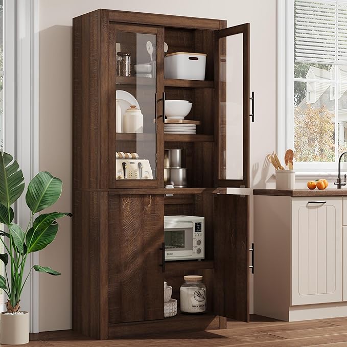 70.45??Tall Farmhouse Kitchen Pantry Cabinet, Wood Storage Cabinet with 4 Doors & Adjustable Shelves, Anti-Tip Design, Sturdy Bookcase for Kitchen/Dining/Office, Walnut-Glass