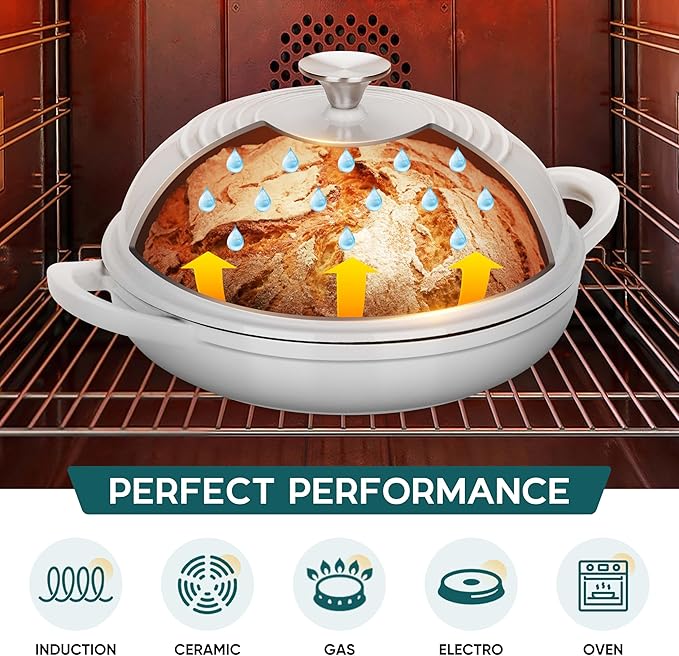 E-far Dutch Oven for Sourdough Bread Baking, 6 Qt Round Enameled Cast Iron Dutch Oven for Homemade Artisan Bread, Dome Lid & Shallow Base, Matte Black Interior & Durable, Oven-Safe to 500?? White