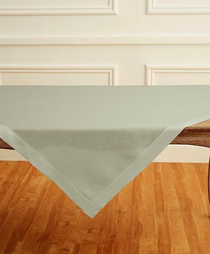 Solino Home Sage Green Linen Tablecloth 52 x 52 Inch - 100% Pure Linen Square Table Throw - Classic Hemstitch, Machine Washable Table Cloth for Winter, Spring, Easter, St Patricks Day