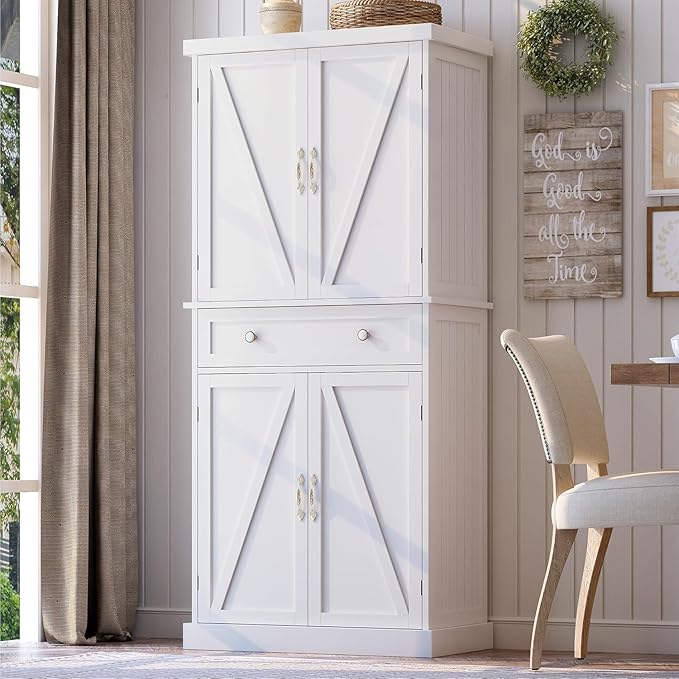 72" Tall Kitchen Pantry Cabinet, White Pantry Storage Cabinet with Adjustable Shelves, Barn Doors and Drawer, Farmhouse Cupboard for Kitchen, Dining Room, Bathroom (16" D x 30" W x 72" H)