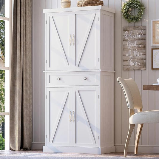 72" Tall Kitchen Pantry Cabinet, White Pantry Storage Cabinet with Adjustable Shelves, Barn Doors and Drawer, Farmhouse Cupboard for Kitchen, Dining Room, Bathroom (16" D x 30" W x 72" H)
