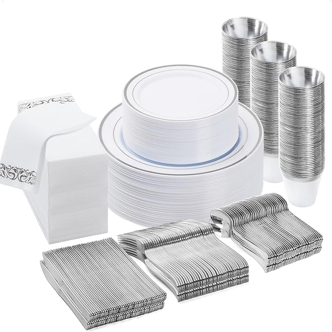 BESTVIP 350 PCS Silver Dinnerware Set for 50 Guests, Plastic Dinnerware Set for Party, Wedding, Christmas, Halloween, Include: 100 Plastic Plates, 50 Silver Silverware, 50 Cups, 50 Paper Napkins