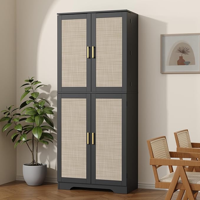 Rattan 72" Tall Kitchen Pantry Cabinet with 4 Doors, Boho Cabinet with Adjustable Shelves, Modern Mid Century Food Pantry with Storage, Freestanding Cupboard for Living Room, Bathroom, Black