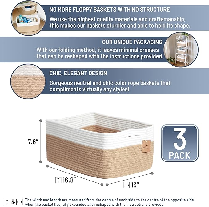 NaturalCozy Storage Baskets 16.8?쓝13?쓝7.6??Cotton Rope Woven Baskets for Organizing 3-Pack | Toy Storage Bins | Basket for Shelves, Laundry, Blanket, Clothes, Closet, Kitchen, Bathroom, Gifts
