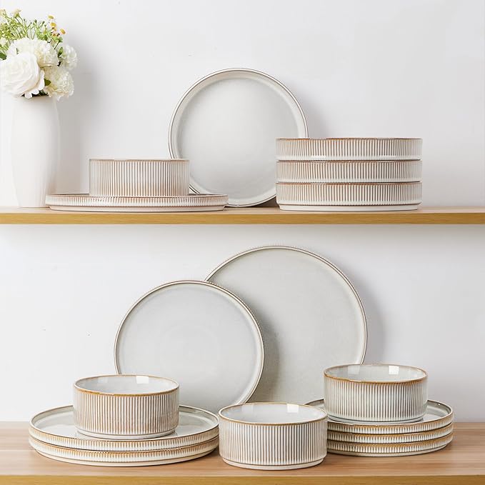 LIANYU 8 Piece Stoneware Plates and Bowls Dishes Set for 2, Dinnerware Sets with Pasta Bowls, Ribbed Dining Ware Dishware for Home Wedding, Microwave and Dishwasher Safe, Dawn Beige