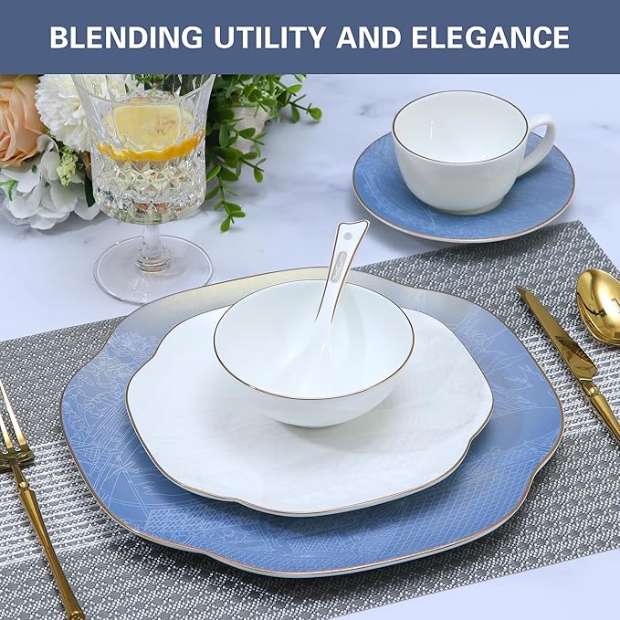 Blue 24 Piece Porcelain Dinnerware Set,Bone china for 4, Plates and Bowls Sets With Beautiful Pattern, Highly Chip and Crack Resistant | Dishwasher Safe Dishes Set (Deep Blue + Pattern)