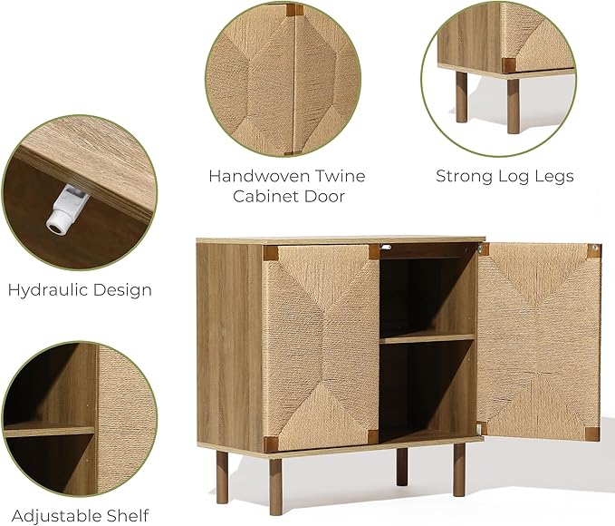 LuxenHome 31" Sideboard Buffet Cabinet with Storage, Seagrass Boho Accent Cabinet, Mid Century Modern Small Sideboard Storage Cabinets for Kitchen, Living Room, Entryway