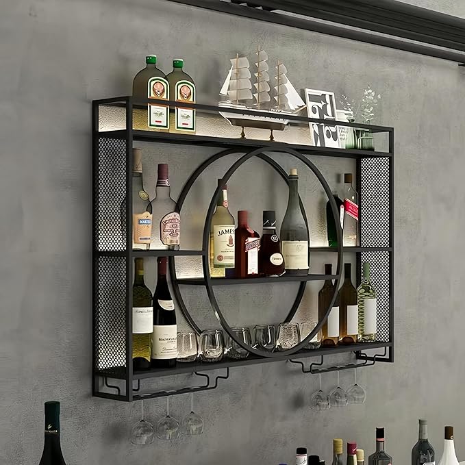 55 Inch Wall Mounted Wine Rack, 3-Tier Wall Bar Shelves for Liquor Bottles, Large Capacity Bar Shelves Wall Mounted with Glass Holder for Home Bar, Kitchen & Dining Room, Black