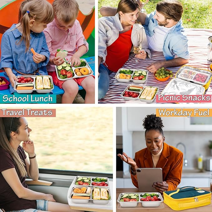 KTKUDY 3 Pack Stainless Steel Snack & Lunch Containers with Plastic Lids - Meal Prep Containers 3 Compartments - Metal Bento Lunch Boxes for Kids & Adults - Not 100% Leakproof - Toddler & Kids Plates