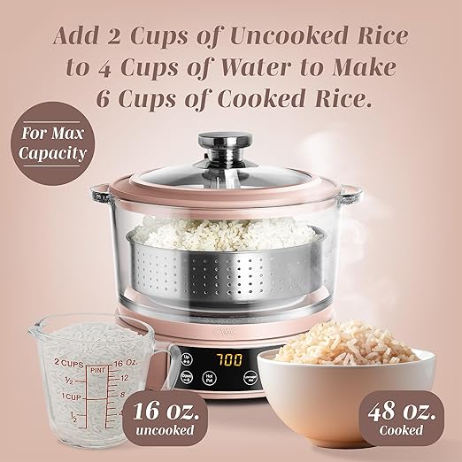 COOK WITH COLOR 3L Glass Mini Low Carb Rice Cooker ??Holds 2 Cups Raw/Makes 6 Cups Cooked with Auto Lift Filter Basket, Hotpot & Steamer for Rice, Grains, Digital Panel with Keep Warm, Dusty Rose