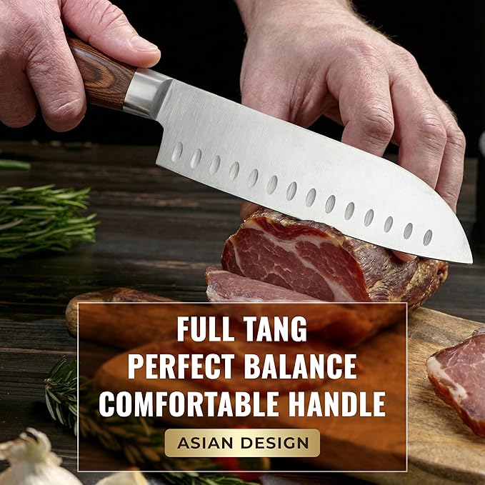 Santoku Knife ??Ultra Sharp 7 Inch Meat and Vegetable Japanese Knife for Chopping, High Carbon Stainless Steel Blade, Full Tang Pakkawood Handle ??Shinobi Series