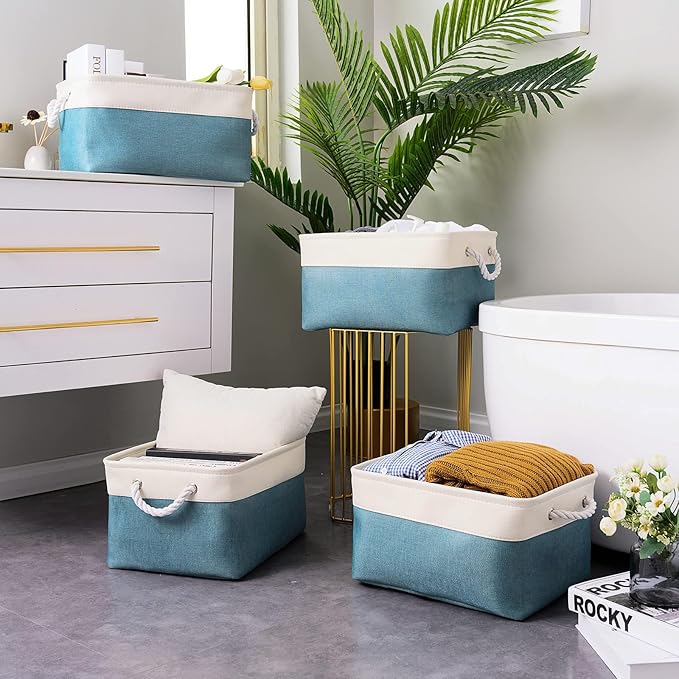 TheWarmHome Fabric Storage Bin with Handles,Storage Basket for Home Storage and Organization, Shelf Basket with Cover for Living Room Bedroom Closet竊늋hite & Green Large,15.7L*11.8W*8.3H