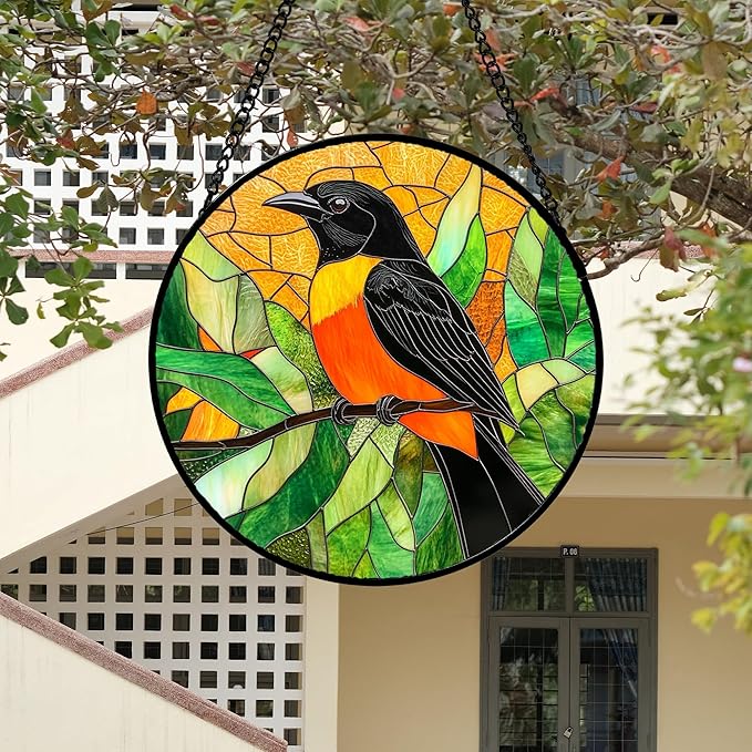 Stained Glass Window Hanging 4 Pcs Set Birds Large 11.8" - Cardinal Blue Jay Suncatcher Door Garden Sun Catcher Decor Birthday Christmas for Bird Lovers Mom Woman Nana Men