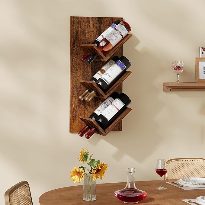 Hoctieon Wine Rack Wall Mounted, 6 Bottles Hanging Wine Racks Bar Shelves for Display & Storage, Rustic Wood Wine Bottle Holder for Home Bar, Kitchen, Dining Room, Rustic Brown