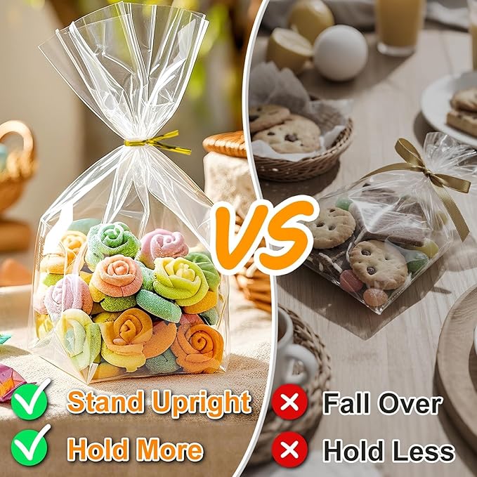 PigPotParty Cellophane Bags 8"x11", 50 Pack Clear Gift Bags, Bottom Gusset for Stand-Up Display, Plastic Cellophane Gift Wrap, Ideal for Goodies, Treats, Party Favors, Mugs, Includes 50 Ties
