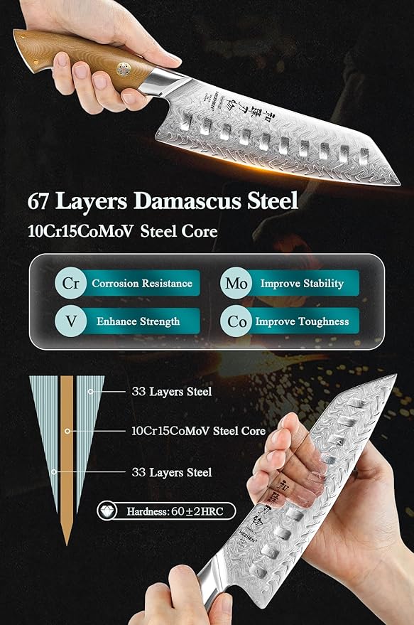 HEZHEN Damascus Santoku Knife, 7 Inches, 67 Layers Damascus Steel, Ultra Sharp Blade, Japanese Chef Knife for Professional Chefs and Home Cooking, Linen Micarta Handle, Gift Packing