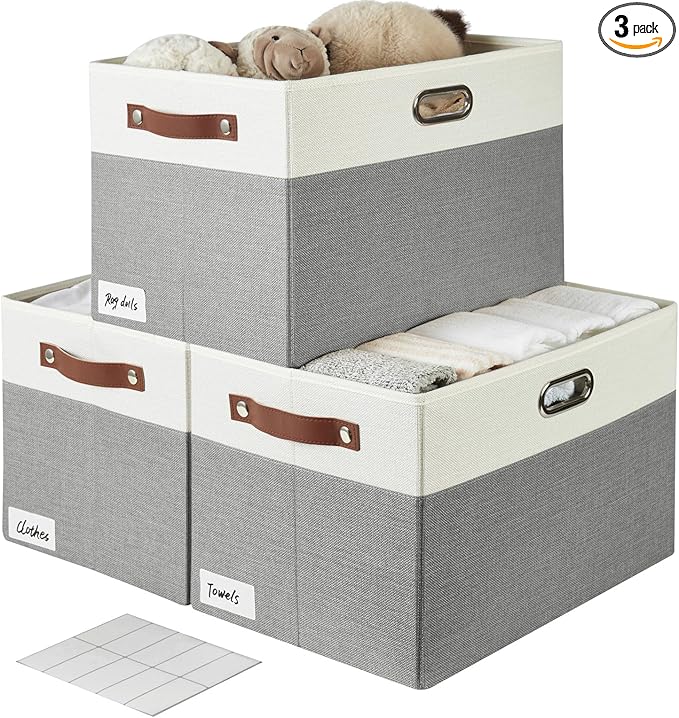 Bagnizer Large Collapsible Fabric Storage Bins with 3 Handles, Foldable Organizer Baskets for Closet, Shelves, Living Room | 3 Pack, Durable PU & Metal Handles (17"x11.8"x11.8", Gray & White)