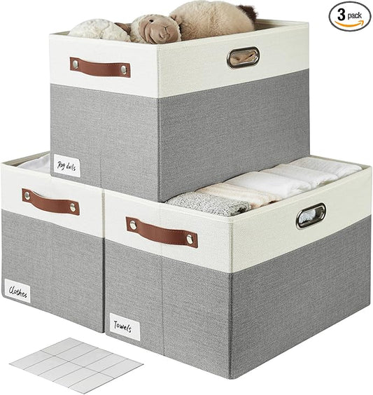 Bagnizer Large Collapsible Fabric Storage Bins with 3 Handles, Foldable Organizer Baskets for Closet, Shelves, Living Room | 3 Pack, Durable PU & Metal Handles (17"x11.8"x11.8", Gray & White)