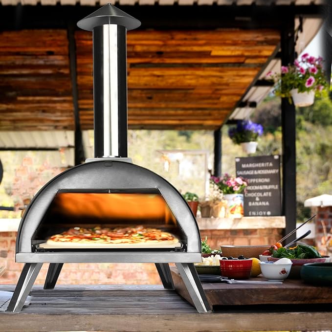 Rixordd 12" Wood Pellet Pizza Oven ??Portable Stainless Steel Outdoor Pizza Maker with Built-In Thermometer, Foldable Legs, Carry Handle & Cordierite Pizza Stone for Backyard, Patio & Camping
