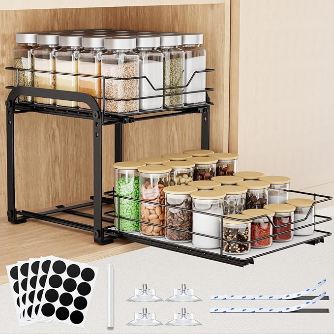 Spice Rack Organizer for Cabinet, 2 Tier Vertical Pull Out Spice Rack ??Heavy Duty Metal Spice Organization for Cabinet, 40-Jar Capacity, Height Adjustable Cabinet Organizer (9"W횞10.5"D횞9"H, Black)