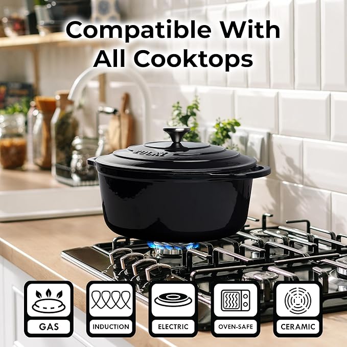 Zulay Kitchen 6 Quart Enameled Cast Iron Dutch Oven Pot with Lid ??Premium Durability & Oven Safe up to 500째F ??Heavy Duty Cookware Perfect for Bread Baking, Stews, Braising & Roasting ??Black
