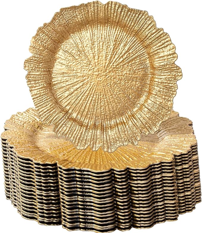 MDH 12 Pcs Gold Charger Plate 13 in Round Matte Reef Plate Charger Ruffled Rim Dinner Charger Hollow out Flower Holde (12)