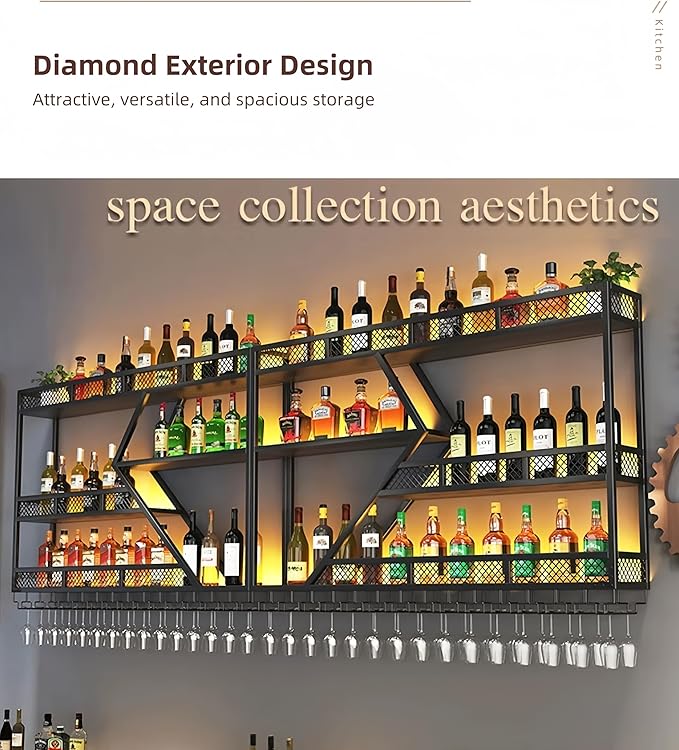 94 Inch 4 Tier Metal Wine Rack Wall Mounted, Modern Bar Shelves Wall Mounted Wine Rack with LED Light, Liquor Shelf Wall Mounted, Bar Shelves for Liquor Bottles (Black with Warm Led, 94-4 Tier)