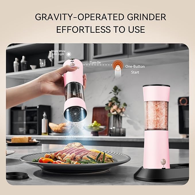 Gravity Electric Salt and Pepper Grinder Set with USB-C Charging Base,Rechargeable Automatic Stainless Steel Pepper Mill Grinder with LED Light, 2pack+Peach Orange (Morning Haze+Petal Pink)
