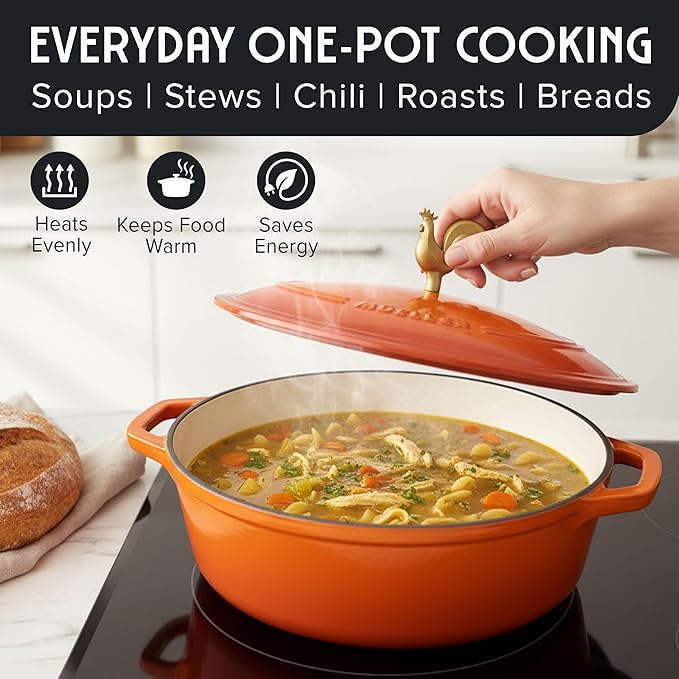 MUELLER HOME 5.5 Quart Enameled Cast Iron Oval Dutch Oven w Rooster Knob & Cotton Potholders, Heavy-Duty Cookware, Oven-Safe up to 500째 F & Across All Cooktops, Gifts for Grandma & Women, Orange
