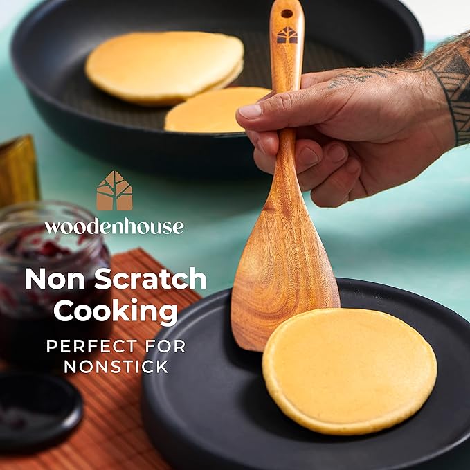 Wooden Utensil Set 8 Pcs ??Sturdy & Easy to Clean, Natural Teak Wooden Spoons for Cooking ??Non-Scratch Cooking Utensils with Spatula, Turner, Ladle, Spoons, Skimmer, Holder, Spoon Rest & 6 Hooks