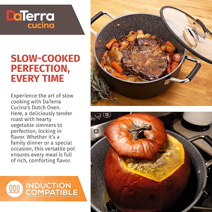 DaTerra Cucina ??8 Qt Nonstick Ceramic Dutch Oven with Lid ??Large Oven Safe Stock Pot, Induction Compatible, Lightweight, Lead & PFOA Free, Volcanic Black, Durable Nonstick Cookware ??Made in Italy