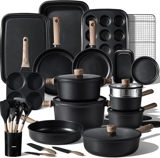 CAROTE 44pcs Nonstick Kitchen Cookware Sets, Nonstick Pots and Pans, Induction Cookware Set Kitchen Cooking Sets, Non Stick w/Frying Pan,Black