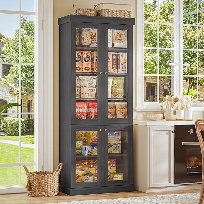 70.8" Tall Farmhouse Bookshelf with Glass Doors, Modular Bookcase with 6-Tier Adjustable Shelves, Large Storage Cabinet for Kitchen, Living Room, Black, Set of 4