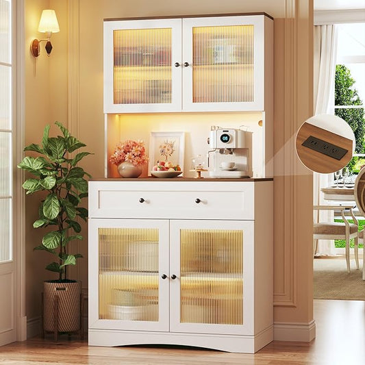 71" Pantry Cabinet with LED Lights and Charging Station, Kitchen Pantry Storage Cabinet with Large Drawer, 4 Doors and 3 Adjustable Shelves, Kitchen Cabinets with Countertop, Light White