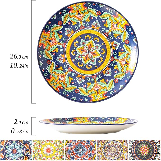 6-Piece Bohemian Dinner Plate Set, 10-Inch Large Plates, Suitable for Salad, Fruit, Pasta, and Main Courses, Party Tableware Set, Dishwasher and Microwave Safe