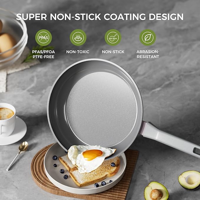 Sanho 10 Inch Frying Pan Nonstick, PFOS/PFOA/PTFE-Free Healthy Ceramic Coating, Induction Compatible Cookware for All Stovetops, Dishwasher Safe, Gray